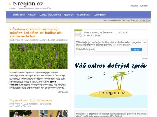 e-region.cz, regionální internetový magazín pro volný čas - zábava, aktuality, společnost, kultura, sport, turistika, kalendář akcí, katalog firem.