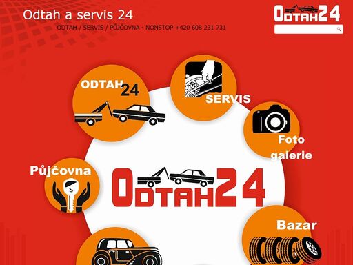 nonstop odtah , vyprošťování a servis 24
nonstop asistenční služba
nonstop zajištění dopravní nehody
nonstop komunikace s pojišťovnami
nonstop poskytnutí náhradního vozidla
nonstop pneuservis
kompletí pojištění vozidel (povinné ručení, havarijní pojištění)
autodiagnostika
pravidelné servisní prohlídky
zajištění stk + me
autobazar
autodoprava
autopůjčovna
půjčovna veteránů