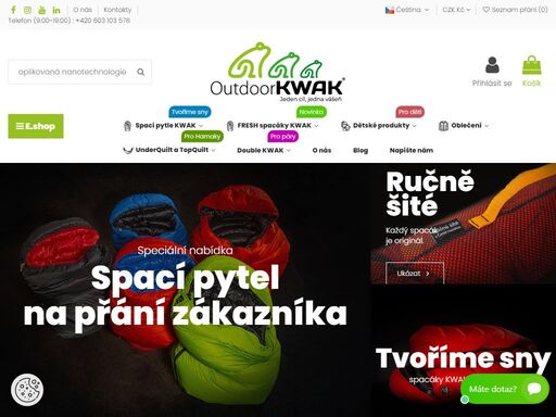 každý spací pytel kwak vyrábíme dle požadavků a přání našich zákazníků a věnujeme mu mnoho času již před samotnou výrobou tak, aby klient byl na 100% spokojený a odcházel od nás šťastný. vnější materiál spacáku kwak je vyroben s nanotechnologií.