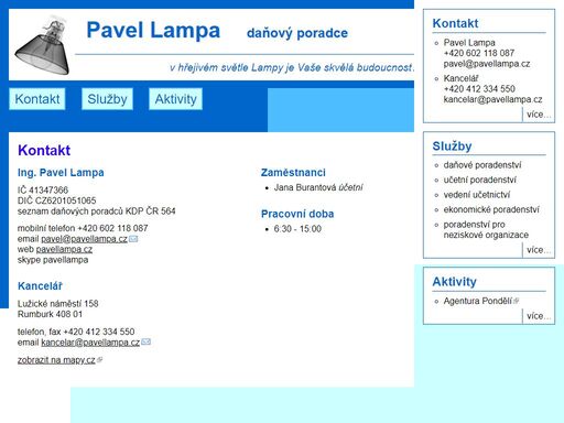 kontaktní informace na daňového poradce pavla lampu. adresa kanceláře, jména zaměstnanců a pracovní doba.