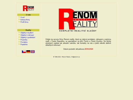 stránka firmy reality r e n o m, která se zabývá kompletními realitními službami v čr se specializací na jižní čechy a český krumlov