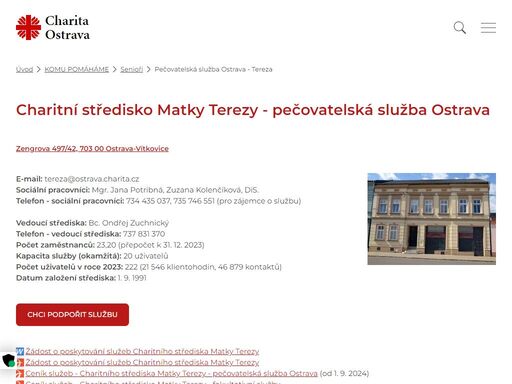 posláním charitní středisko matky terezy - pečovatelská služba ostrava charity ostrava je poskytovat pečovatelské služby seniorům a osobám se zdravotním postižením, s cílem umožnit těmto uživatelům setrvat co nejdéle ve svém domácím prostředí a předcházet sociálnímu vyloučení. 