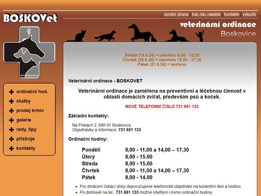 veterinární ordinace. na pískách 2, boskovice tel.: 608 078 613, prodej veterinárních diet, přípravků a krmiv