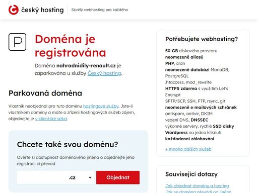 doména nahradnidily-renault.cz je parkována u služby český hosting. vlastník k doméně neobjednal hostingové služby.