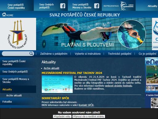 na stránkách www.svazpotapecu.cz najdete mnoho užitečných informací o potápění. na stránkách jsou k nahlédnutí akce a novinky z potápění, v čechách a na moravě, články a foto naší reprezentace.