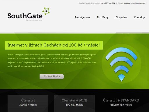 southgate je občanské sdružení, které svým členům poskytuje levné a kvalitní připojení k internetu na bázi bezdrátové sítě. ceny za členství, a tedy i připojení, jsou již od 100 kč za měsíc!