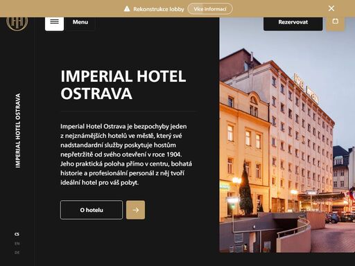 imperial hotel ostrava je bezpochyby jeden z;nejznámějších hotelů ve městě, který své nadstandardní služby poskytuje hostům nepřetržitě od svého otevření v;roce 1904. jeho praktická poloha přímo v;centru, bohatá historie a;profesionální personál z;něj tvoří ideální hotel pro váš pobyt.