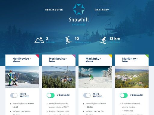 úvod, lyžařská střediska snowhill - herlíkovice, šachty, kamenec a mariánské lázně