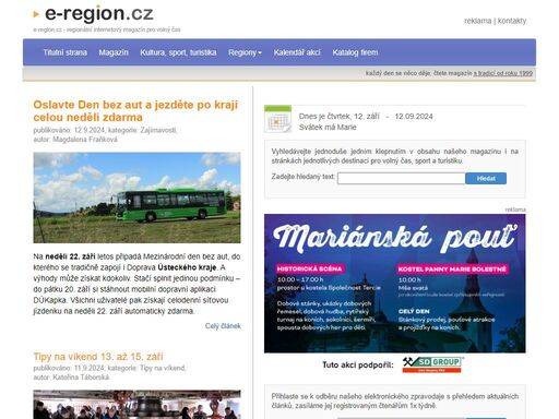 e-region.cz, regionální internetový magazín pro volný čas - zábava, aktuality, společnost, kultura, sport, turistika, kalendář akcí, katalog firem.