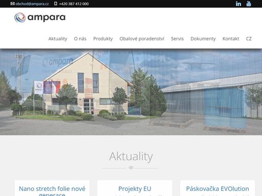 výrobní a prodejní sortiment společnosti ampara s.r.o. obalový materiál a balící technika - strečové folie ruční i strojní, lepicí pásky (potištěné), vázací pásky (pet, pp, pes), papírové hrany, fixace zboží (strečové pásky, pěnový polyethylen), exportní balení.