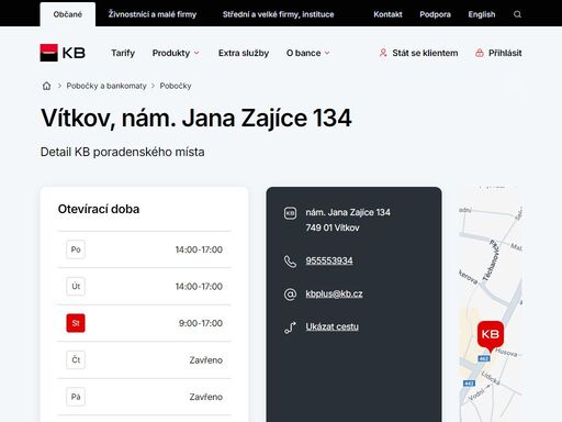 seznam a vyhledávání poboček a bankomatů komerční banky.