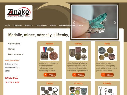 na zakázku levně vyrobíme sportovní medaile, firemní plakety, přívěšky, pamětní mince, klíčenky a přívěšky ke klíčům, žetony, odznaky s pinem, odlitky ze zinku.