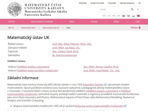matematický ústav uk ředitel ústavu: prof. mgr. milan pokorný, ph.d., dsc. ...