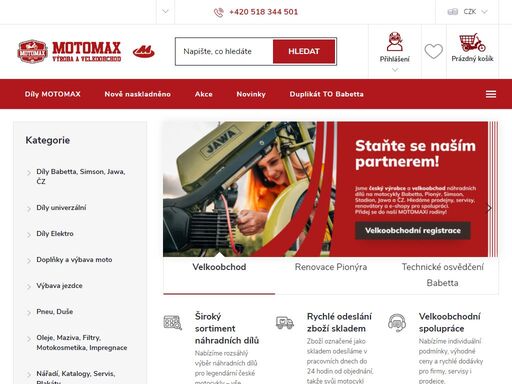 homepage. náhradní díly a příslušenství pro motocykly jawa, babetta, pionýr, simson, stadion, čz, mz, betka
vítejte na e-shopu motomax – vašem spolehlivém partnerovi pro všechny milovníky jednostopých strojů! již od roku 1989 nabízíme kvalitní náhradní díly, doplňky a příslušenství pro motocykly značek jawa, babetta,…