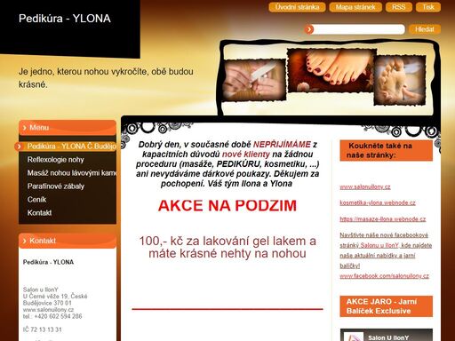 pedikúra, české budějovice a blízké okolí. provádím kvalitní mokrou pedikúru i u vás doma. mokrá pedikúra ylona  - vaše nohy v bavlnce. nabízím mokrou pedikúru klasickou metodou v českých budějovicích – skalpelem. ošetření zrohovatělé a ztvrdlé kůže a její odstranění je zcela bezbolestné. po 10–15minutovém odmočení v osvěžující lázni jsou nohy připraveny na odstranění přebytečné, mrtvé kůže, právě z tohoto důvodu je odstranění bezbolestné. objednejte se do našeho studia pedikúra ylona české budějovice a nebudete litovat!!