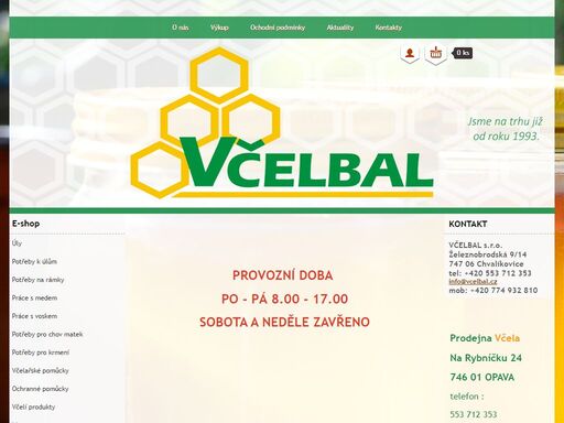 provádíme celoroční výkup medu, vosku, propolisu, pylu. prodáváme včelařské potřeby, svíčky z včelího vosku, medové výrobky a kosmetiku. jsme na trhu již od roku 1993.
