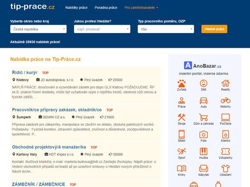 práce na tip-prace.cz. aktuální volná místa z celé čr i zahraničí. nabídka práce je denně aktualizována.