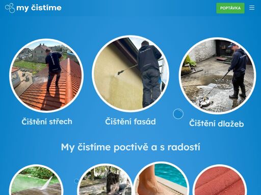 my čistíme – profesionální tlakové čištění horkou vodou střech, fasád a venkovní dlažby. obnova povrchů poctivě a s radostí.