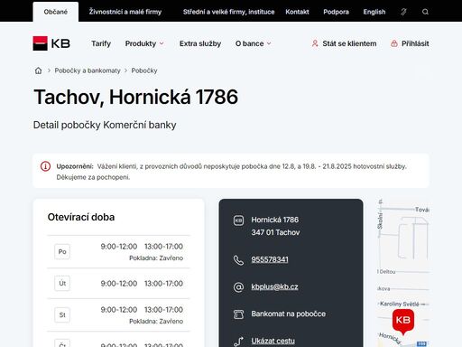 seznam a vyhledávání poboček a bankomatů komerční banky.
