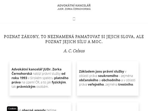 advokátní kancelář judr. zorka černohorská nabízí právní služby od roku 1993 v širokém spektru platného práva na území čr, a to jak fyzickým, tak právnickým osobám.
