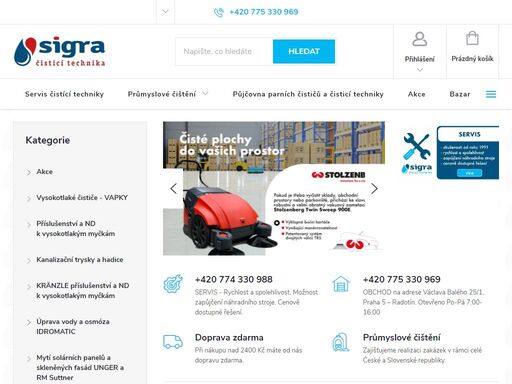 sigra.cz je specializovaný obchod na prodej, servis i půjčovnu čistící techniky. zametací a mycí stroje, čističe, kompresory a další úklidové vybavení.