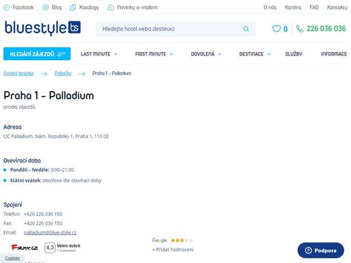 navštivte nás na pobočce praha 1 - palladium nebo si vyberte zájezd na webových stránkách. poleťte s ck blue style za sluníčkem. pomůžeme vám s výběrem.