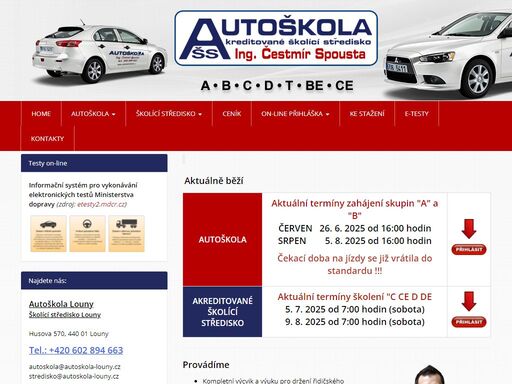 výuka a výcvik pro získání řidičského oprávnění skupin a, b, be, c, ce, d, t. provozujeme akreditované školící středisko skupin c, ce, d. výuka probíhá na motocyklech honda cbf 125,   yamaha xv 535 a honda cb 500. používáme vozy mitsubishi lancer, renault megane iii, zetor, karosa a nákladní automobil renault premium.