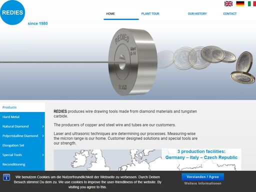 manufacturer of high-performance wire drawing dies and tools with tungsten carbide, polycrystalline and natural diamond, elongation sets, special tools like pressure dies or profile dies.