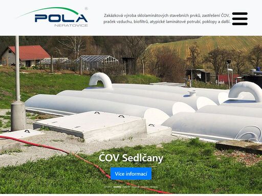 zakázková výroba sklolaminátových stavebních prvků, zastřešení čov, pračky vzduchu, biofiltry, laminátové potrubí, poklopy.