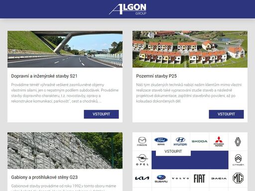 skupina algon group - dopravní a inženýrské stavby, gabiony a protihlukové stěny, pozemní stavby, prodej nových a ojetých vozů.