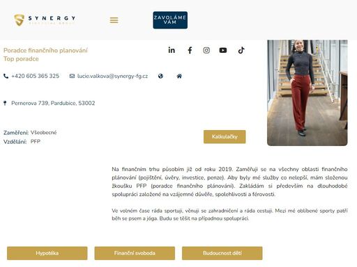 na finančním trhu působím již od roku 2019. zaměřuji se na všechny oblasti finančního plánování (pojištění, úvěry, investice, penze). aby byly mé služby co nelepší, mám složenou žkoušku pfp (poradce finančního plánování). zakládám si především na dlouhodobé spolupráci založené na vzájemné důvěře, spolehlivosti a férovosti. ve volném čase ráda sportuji, věnuji se zahradničení a ráda cestuji. mezi mé oblíbené sporty patří běh se psem a joga.budu se těšit na případnou spolupráci.