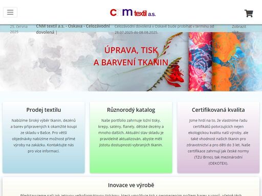cnm textil je česká úpravna, tiskárna a barvírna tkanin. tiskneme a barvíme tkaniny pro zdravotnictví, hotely, armády i policii.