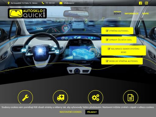 autosklo quick servis - výměny a opravy autoskel, kalibrace kamer systému adas na čelních sklech, výměna autoskla mobilně u zákazníka doma či v zaměstnání.