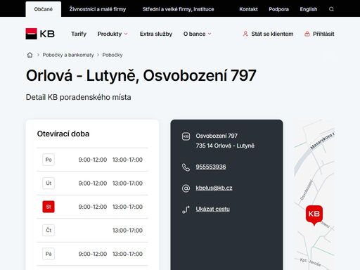 seznam a vyhledávání poboček a bankomatů komerční banky.