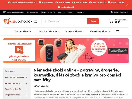 vítejte na stránkách s největším výběrem kvalitního německého zboží nebo zboží určeného výhradně pro západní trhy. všichni asi víme, že zboží vyrobené pro západoevropské trhy, např pro německo, musí odpovídat vyšším standardům. jelikož si myslíme, že čeští zákazníci si za své peníze zaslouží stejně kvalitní zboží jako zákazníci v německu, rozhodli jsme se dovážet kvalitní německé potraviny a drogerii k nám do česka.
mezi nejoblíbenější patří potraviny z německa, kde v mnoha podkategoriích, jako jsou například sladkosti či nápoje najdete přesně to, co hledáte. v rozsáhlé nabídce kvalitních potravin, které jsme pro vás speciálně vybrali z tisíců produktů si zcela jistě vyberete. pokud naopak dáváte přednost cereáliím, slaným a sladkým snackům, máme pro vás přesně to, po čem vaše srdce touží. na své si přijdou i milovníci kvalitních instantních omáček a grilování. kvalitní německé zboží vás očekává i v kategoriích polotovarů, kde najdete rychlá hotová jídla, která jsou však díky špičkovým konzervačním technologiím stejně chutná a nutričně bohatá, jak by byla čerstvě uvařená.
velmi oblíbenou kategorií je také drogerie z německa. zde naleznete stovky kvalitních výrobků od pracích prášků, přes prostředky na mytí nádobí a mycí přísady do myčky, až po doplňky na praní, jako jsou například různé odstraňovače skvrn, vůně na prádlo a spousty dalších produktů. pokud dáváte přednost vysoce účinné, profesionální drogerii nebo ekologické drogerii šetrné k přírodě, naleznete zde velmi širokou nabídku těchto produktů. nesmíme zapomenout ani na nejrůznější úklidové pomůcky nebo sáčky do koše vyrobené z kvalitního plastu, takže se neroztrhnou, čističe na různé povrchy, osvěžovače vzduchu a další přípravky k péči o domácnost.
velmi kvalitní produkty k péči o tělo naleznete také v kategorii kosmetika z německa. od produktů, spadajících do tělové kosmetiky, jako jsou různé sprchové gely, krémy, peelingy či mýdla, přes péči o vlasy, která zahrnuje stovky kvalitních šamponů, kondicionérů, vlasových kúr a zábalů, až po produkty pro péči o zuby, holení a depilaci. pokud se chystáte na dovolenou, zcela jistě využijete i rozsáhlou nabídku opalovacích krémů.
nemohli jsme zapomenout ani na zboží pro naše nejmenší. v kategorii dětské zboží z německa si můžete vybrat z rozsáhlé nabídky potřeb pro miminka, od kvalitní německé kojenecké výživy až po potřeby pro přebalování.
naši pozornost a lásku si zaslouží i naši domácí mazlíčci. krmivo pro domácí zvířata, dostupné v německu, je mnohem kvalitnější a zajistí vašim pejskům, kočičkám, papouškům či morčatům ideální výživu. dopřejte vašim mazlíčkům stejně kvalitní potraviny, jaké mají k dispozici jejich němečtí kamarádi!
přestože je veškeré zboží, které nabízíme, vyrobené a určené pro náročný německý trh a musí tudíž splňovat ty nejvyšší nároky na kvalitu, neznamená to, že jsou tyto výrobky nějak předražené. naopak, často jsou mnohem levnější než zboží určené pro východní trhy, za které si české řetězce účtují mnohem více, než za srovnatelné produkty v německu.
pokud však chcete ušetřit ještě více, navštivte naši sekci zboží z německa skladem, kde najdete produkty za bezkonkurenční ceny. jedná se vždy o zcela nové, nepoužité zboží, které se nám však podařilo nakoupit v akci a proto vám je můžeme nabídnout s výraznou slevou.
nakupování v našem elektronickém obchodě je velmi snadné. stačí jen vybrané zboží vložit do košíku pomocí tlačítka u jednotlivých produktů, objednat, a my vám jej dovezeme až k vám domů. pokud si objednáte nákup za více než 6000 kč, budete mít navíc poštovné zdarma. více podrobností o nakupování na našem e-shopu si můžete přečíst.