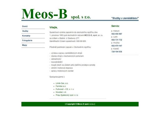 stránky o společnsoti meos-b spol. s r.o. poskytující služby v zemědělství a servis zemědělských technologií.