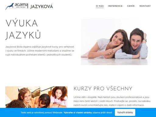 jazyková škola agama zajišťuje jazykové kurzy pro veřejnost i výuku ve firmách. učíme moderními metodami a snažíme se vyjít individuálním potřebám klientů i jednotlivých studentů. učíme děti i dospělé. naši lektoři jsou zkušení profesionálové.