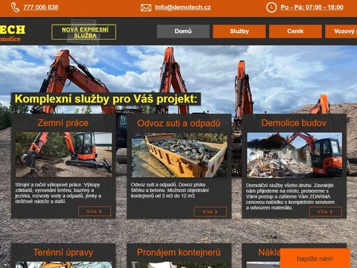 demotech s.r.o. realizuje veškeré zemní a výkopové práce, terénní úpravy, demolice budov, odvoz suti a odpadů, pronájem kontejnerů a přepravu materiálu.