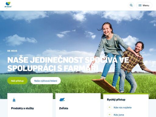 společnost de heus a.s. vyrábí krmné směsi, premixy a koncentráty pro hospodářská zvířata. k jejich výrobě používáme suroviny prvotřídní kvality a čerpáme z dlouholetých zkušeností naší mateřské společnosti de heus animal nutrition, což zajišťuje vysokou kvalitu našich produktů. našimi zákazníky jsou malí i velcí zemědělci, integrace a prodejci, kterým poskytujeme krmiva, výživové koncepty i technické poradenství a to s ohledem na maximální zdraví zvířat a optimální výkon.