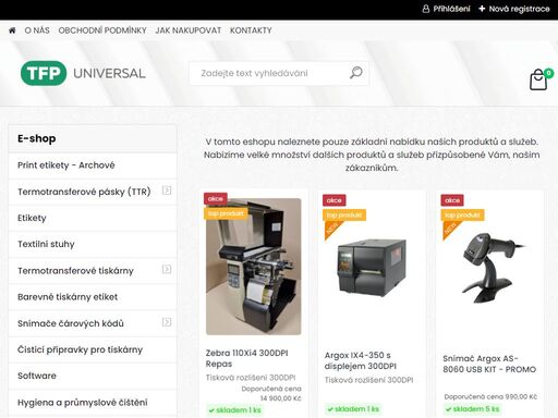 eshop společnosti tfp universal a.s. zabývající se tiskem čárových kódu, výrobou a prodejem spotřebního materiálů, implementací technologie pro sběr dat pomocí čárových kódů