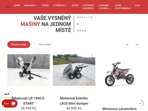 eshop prodává minicrossy, čtyřkolky, elektrické koloběžky, zahradní techniku, elektro tříkolky, štěpkovače, mini dumpery, stavební buňky a levné elektromobily