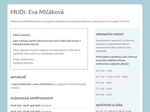 mudr. eva mlčáková - ordinace praktického lékaře pro dospělé zabývající se preventivní, léčebnou a závodní péčí pro dospělé od 18 let.