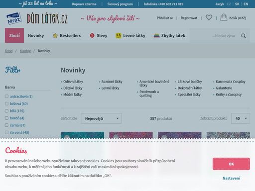 internetový obchod s látkami a textiliemi v metráži, prodej galanterie. nabízíme oděvní, dětské, dekorační, potahové a speciální látky. široký výběr materiálů, barev a vzorů.
