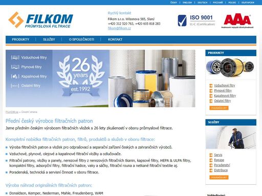 filkom, s.r.o. český výrobce filtrů.  vyrábíme filtry pro zachycení mechanických nečistot ze vzduchu, plynů, olejů a jiných kapalin. filtry pro lakovny, svařovny, tryskače, turbíny, kompresory, pálicí stroje a průmysl obecně. olejové odlučovače a filtry pro úpravu zemního plynu.