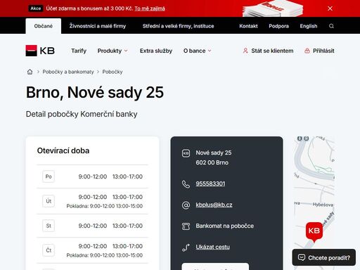 seznam a vyhledávání poboček a bankomatů komerční banky.