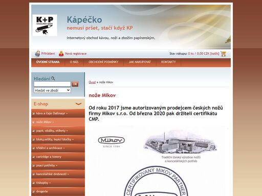 od roku 2017 jsme autorizovaným prodejcem českých nožů firmy mikov s.r.o. od března 2020 pak držiteli certifikátu cmp. 

mikov s.r.o. je světově