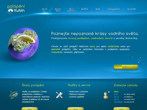 pořádáme kurzy potápění pro úplné začátečníky i pro pokročilé potápěče. provádíme servis automatik, atesty láhví a plnění láhví vzduchem.
dále se zabýváme aktivitami s potápěním spojenými, cestováním, prodejem a půjčováním potápěčského vybavení. 
