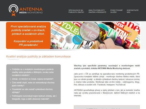 stránky společnosti antenna media monitoring, monitoring publicity značek, monitoring print, on-line, social médií, monitoring publicity produktů.