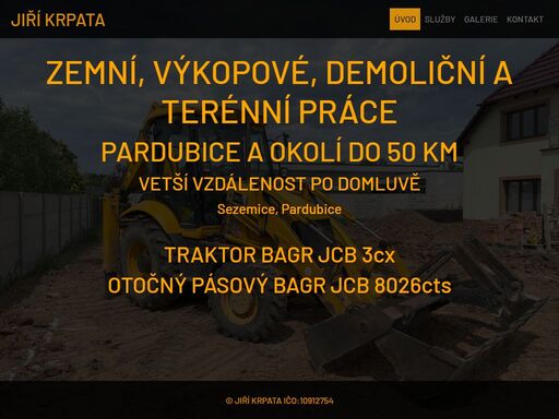 jiří krpata nabízí zemní, výkopové, demoliční a terénní práce v pardubicích a okolí do 50 km. specializuje se na výkopy základových desek, bazénů, jímek a rozvodných sítí. k dispozici má traktorbagry jcb 3cx a otočné pásové bagry jcb 8026cts.