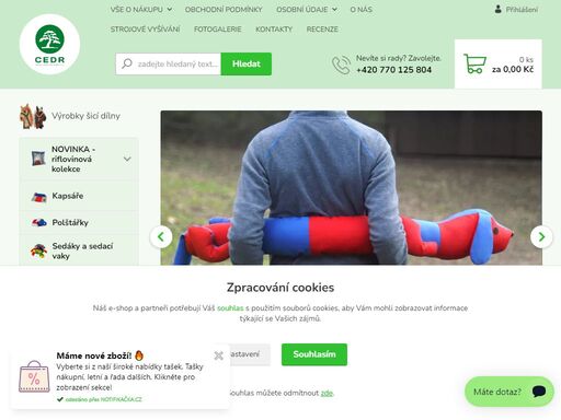 e-shop s výrobky šicí dílny - návleky na obuv, levandulové sáčky, chňapky, tašky, batohy, zástěry, saunové kilty, polštáře, sedáky, motorické kostky a další
